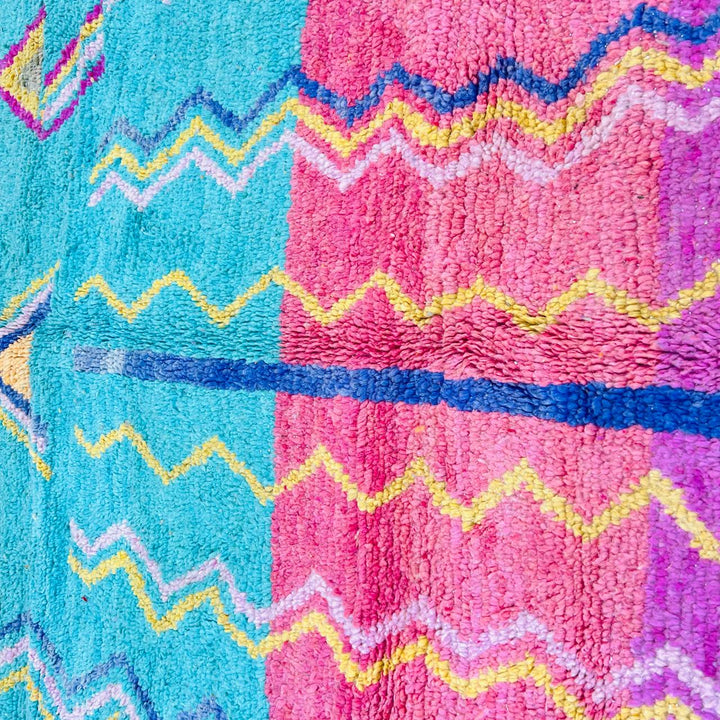 Vintage Moroccan rug with orange teal pink geometric Berber design handmade from natural wool