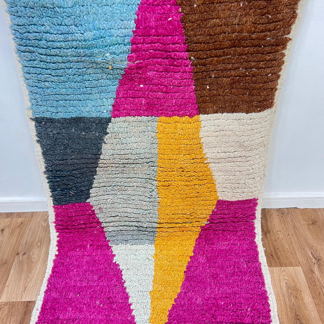 Vintage Moroccan wool runner rug 817 – handwoven colorful Berber carpet featuring fuchsia, mustard, and teal geometric pattern, 375 × 86 cm (12.3 × 2.8 ft).