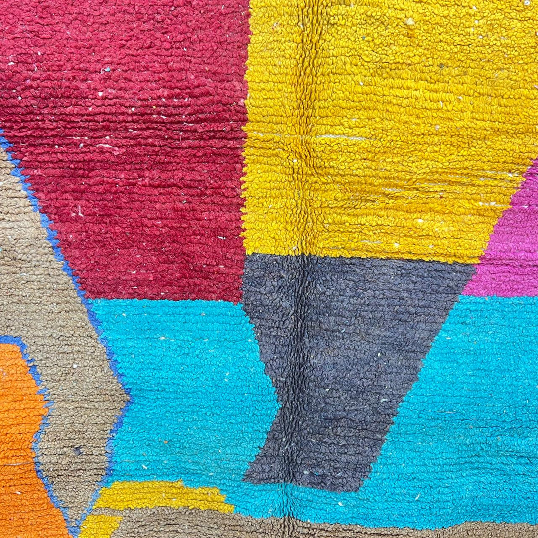 Vintage Moroccan wool rug 790 – handmade color block Berber carpet in yellow, turquoise, orange, and red 248 × 166 cm (8.13 × 5.44 ft).