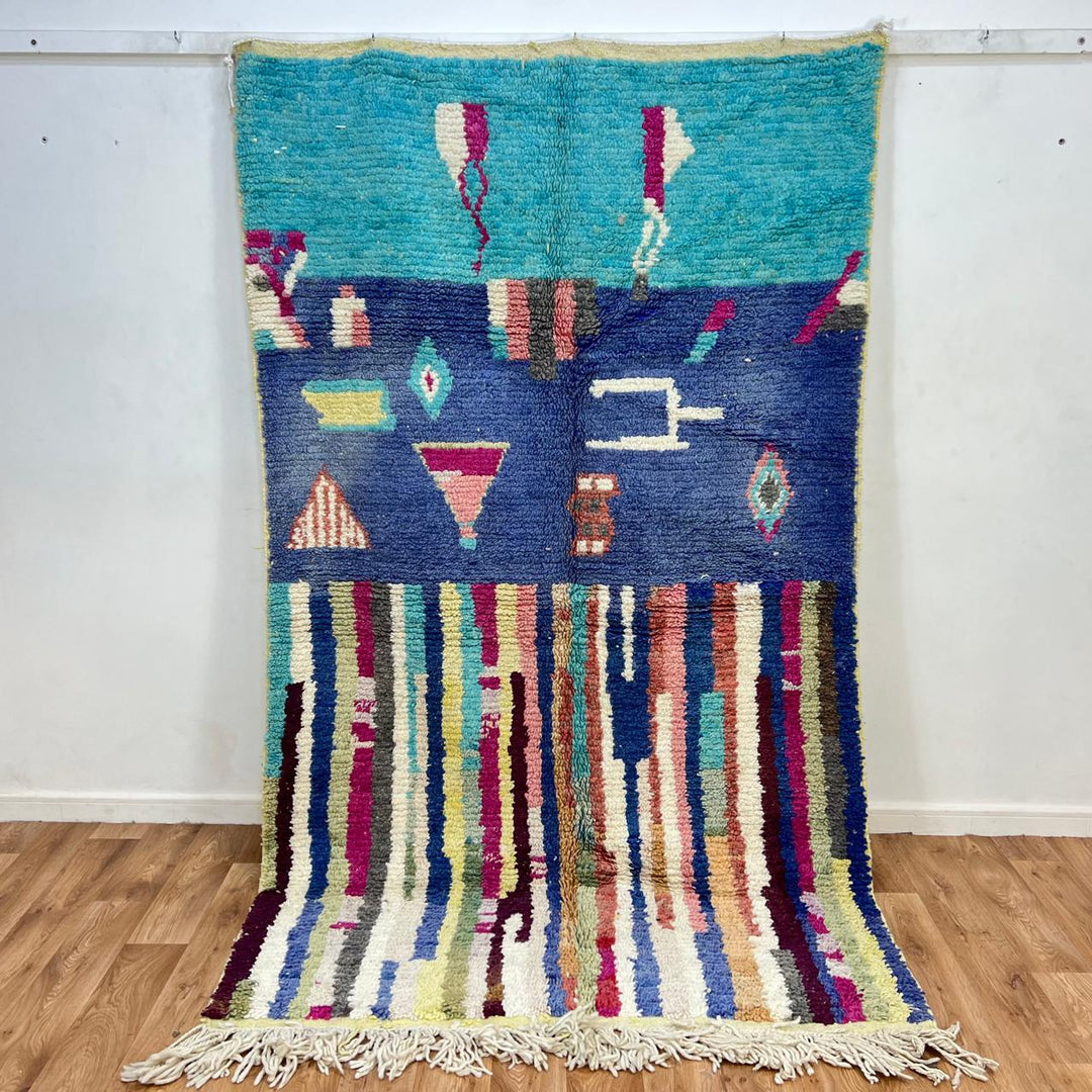 Vintage Moroccan wool rug 794 – handmade blue and multicolor Berber carpet with abstract tribal motifs 256 × 151 cm (8.39 × 4.95 ft).