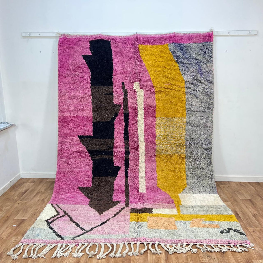 Vintage Moroccan wool rug 882 – handmade Berber carpet with pink, mustard, and brown geometric design, 300 × 209 cm (9.84 × 6.86 ft).
