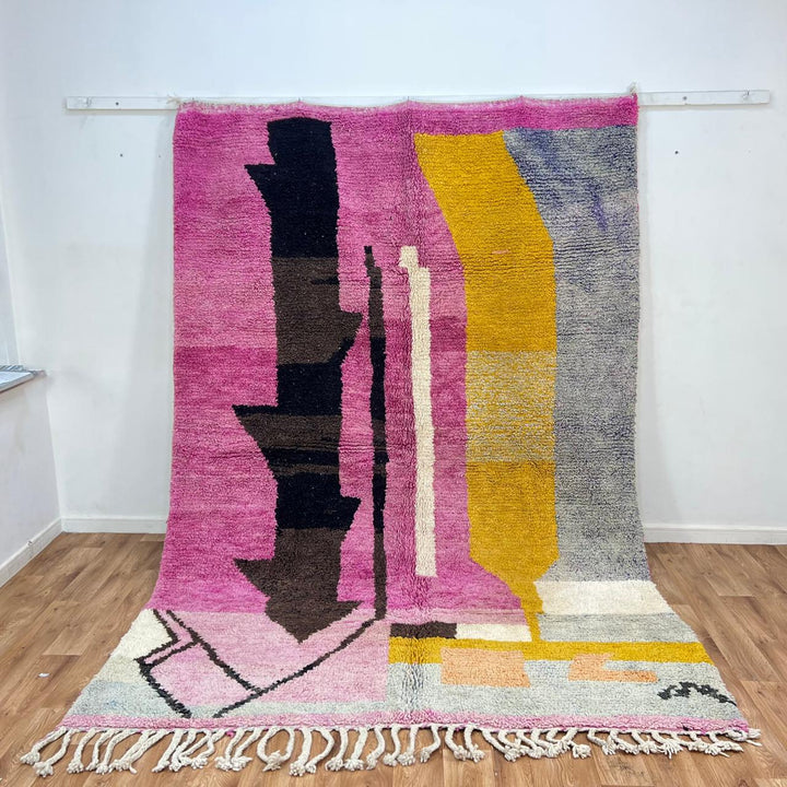 Vintage Moroccan wool rug 882 – handmade Berber carpet with pink, mustard, and brown geometric design, 300 × 209 cm (9.84 × 6.86 ft).