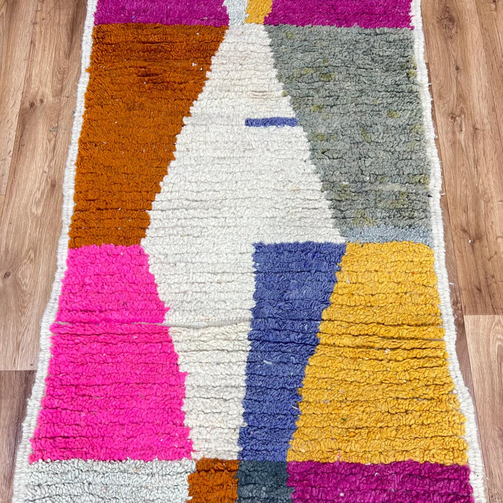 Vintage Moroccan wool runner rug 817 – handwoven colorful Berber carpet featuring fuchsia, mustard, and teal geometric pattern, 375 × 86 cm (12.3 × 2.8 ft).