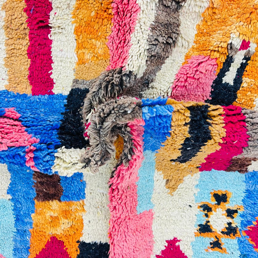 Vintage Moroccan rug handmade from colorful Berber wool with bold patchwork geometric design, 250x150 cm
