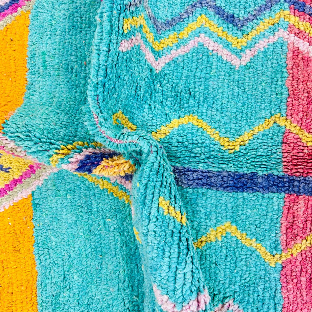 Vintage Moroccan rug with orange teal pink geometric Berber design handmade from natural wool