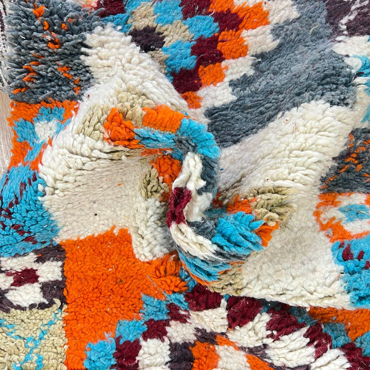 Vintage Moroccan runner rug with colorful Berber diamond patterns, handmade from natural wool, size 381 x 81 cm