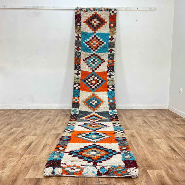 Vintage Moroccan runner rug with colorful Berber diamond patterns, handmade from natural wool, size 381 x 81 cm