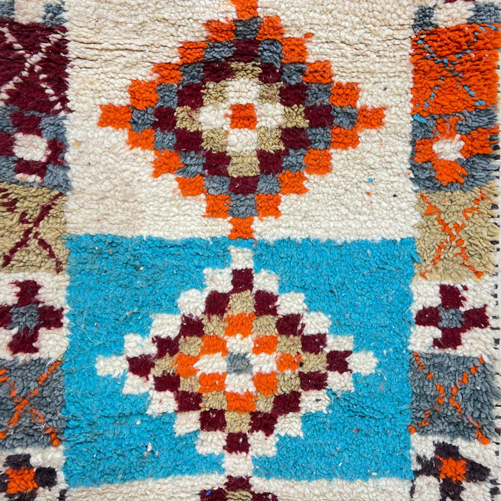 Vintage Moroccan runner rug with colorful Berber diamond patterns, handmade from natural wool, size 381 x 81 cm