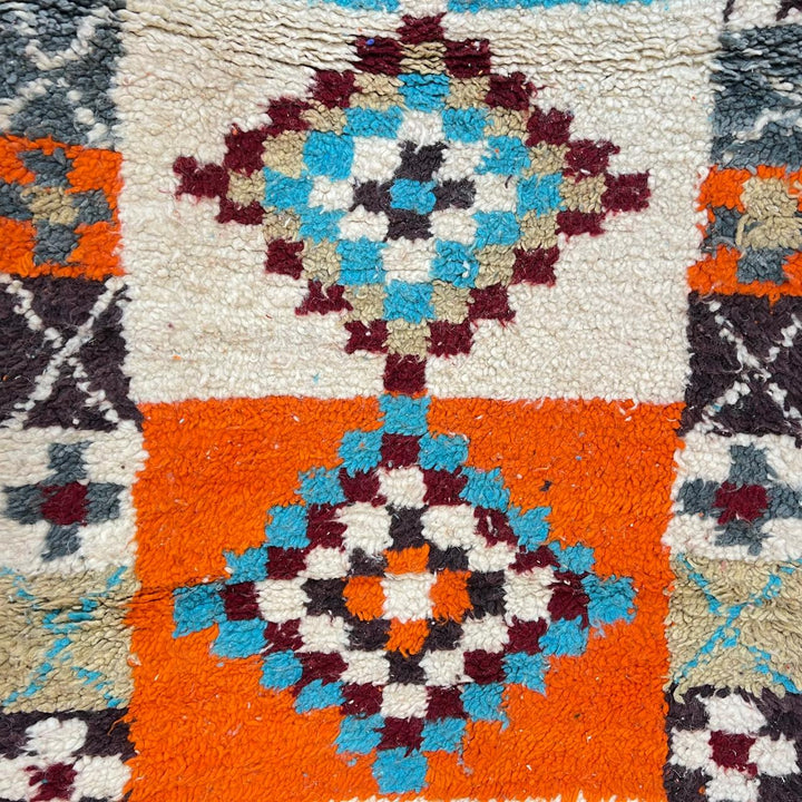 Vintage Moroccan runner rug with colorful Berber diamond patterns, handmade from natural wool, size 381 x 81 cm