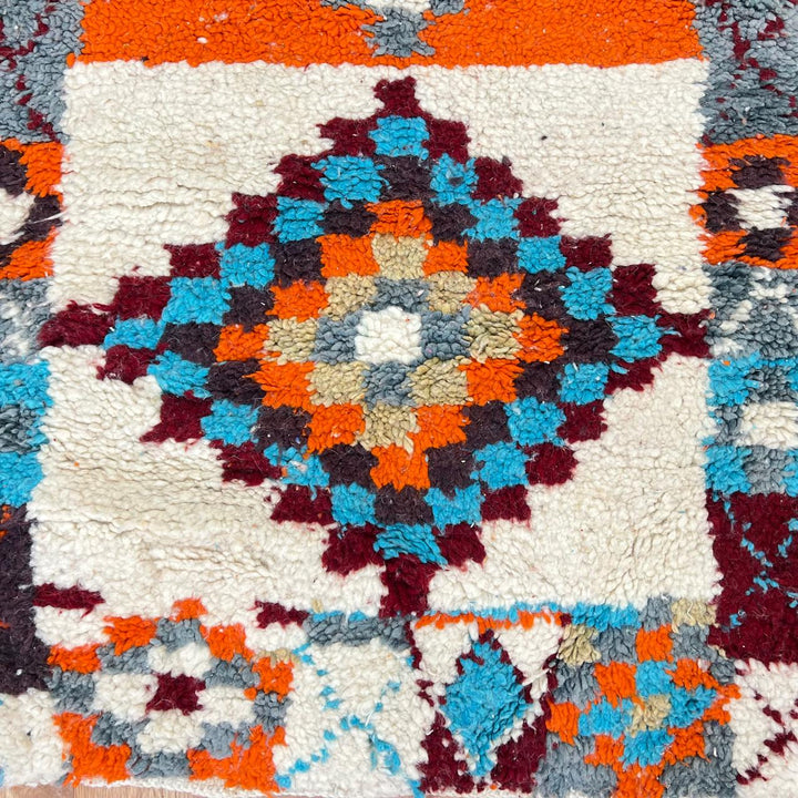 Vintage Moroccan runner rug with colorful Berber diamond patterns, handmade from natural wool, size 381 x 81 cm
