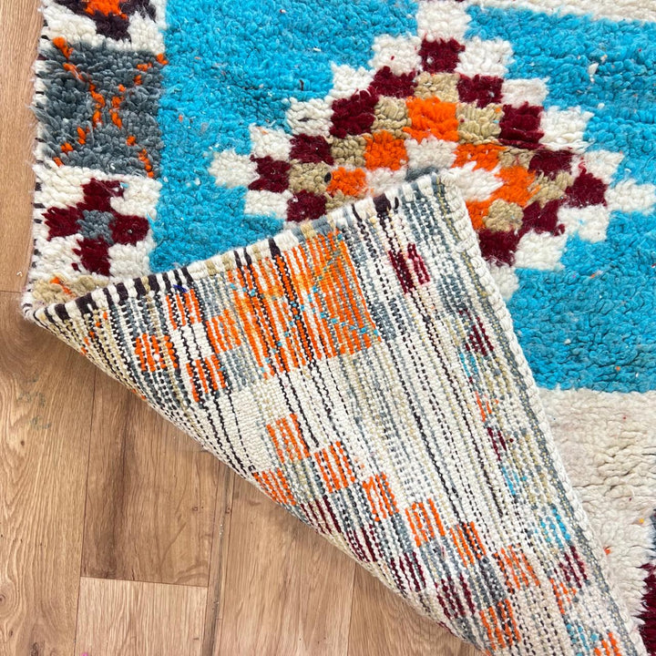 Vintage Moroccan runner rug with colorful Berber diamond patterns, handmade from natural wool, size 381 x 81 cm