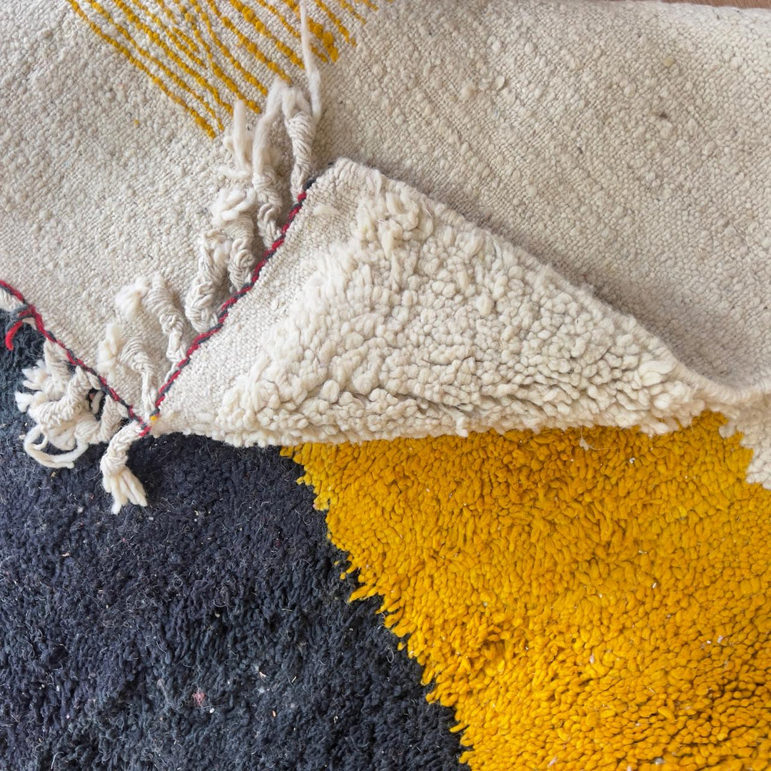 Vintage Moroccan wool rug minimalist ivory with red black yellow stripes