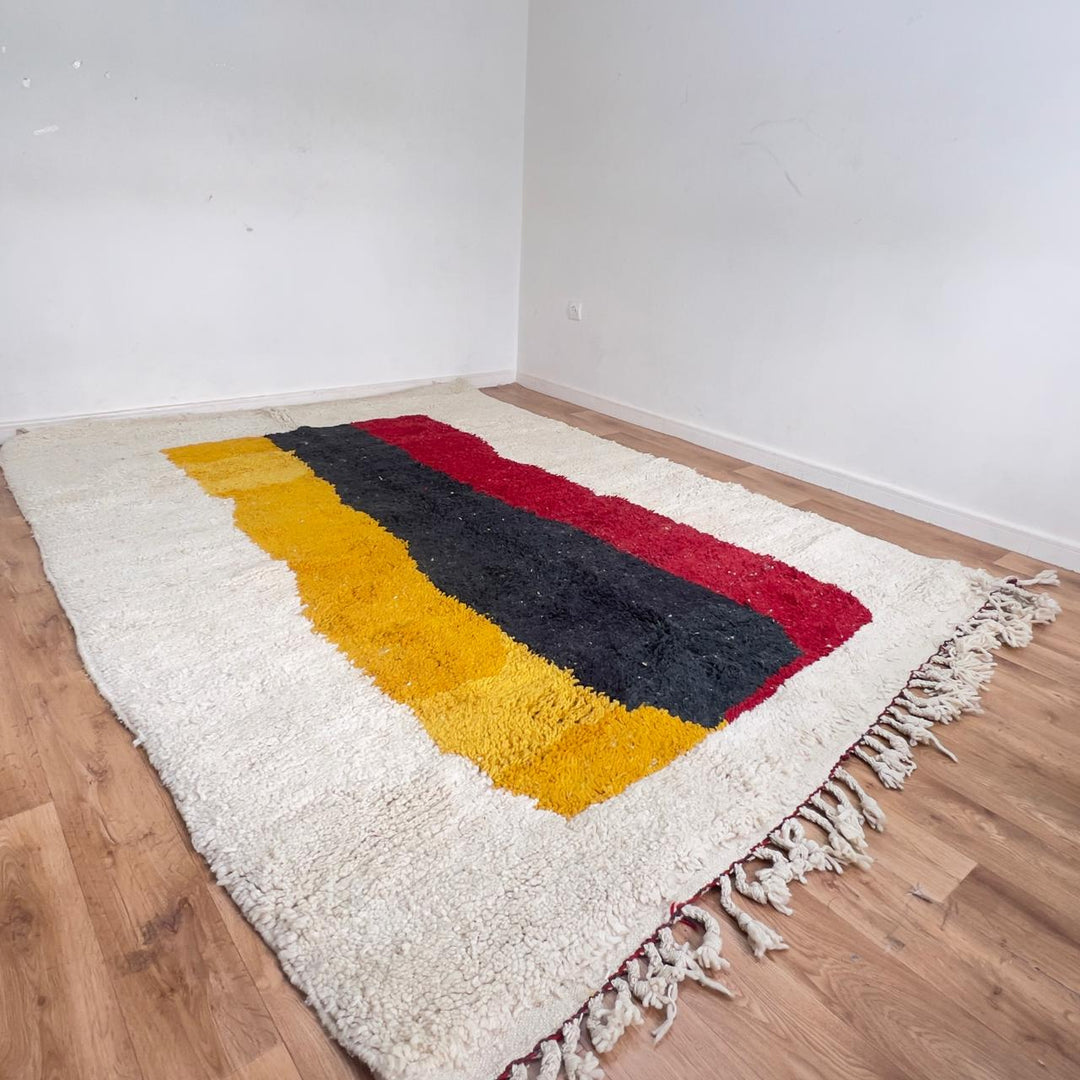 Vintage Moroccan wool rug minimalist ivory with red black yellow stripes