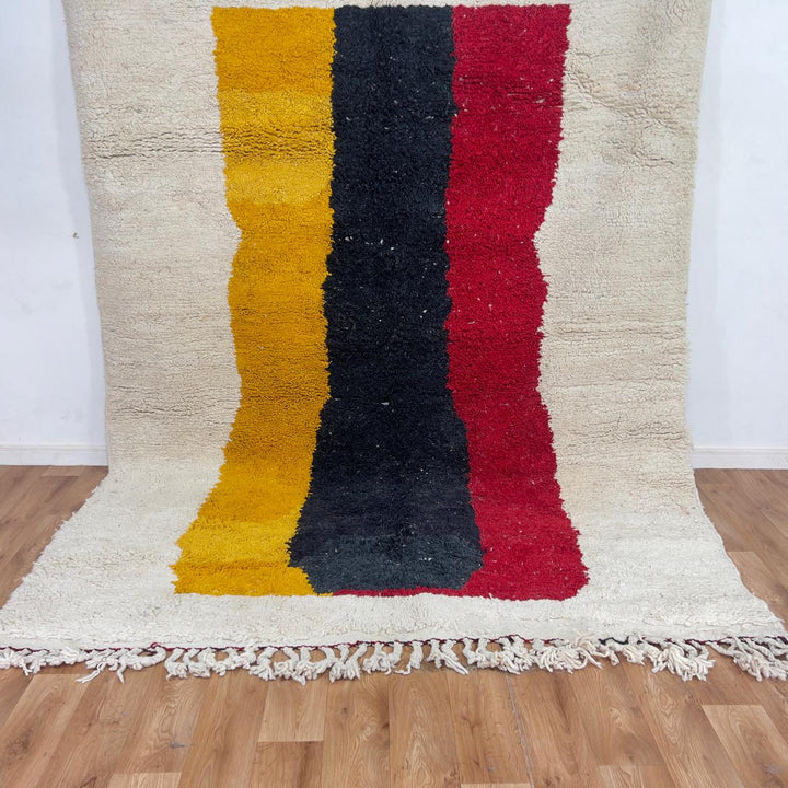 Vintage Moroccan wool rug minimalist ivory with red black yellow stripes