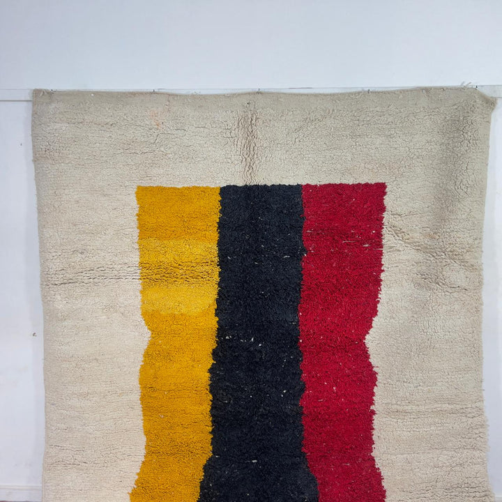 Vintage Moroccan wool rug minimalist ivory with red black yellow stripes