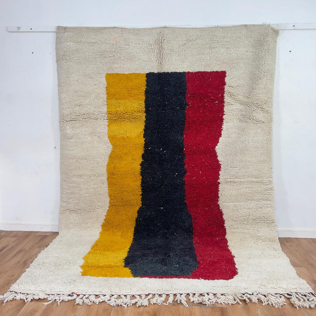Vintage Moroccan wool rug minimalist ivory with red black yellow stripes