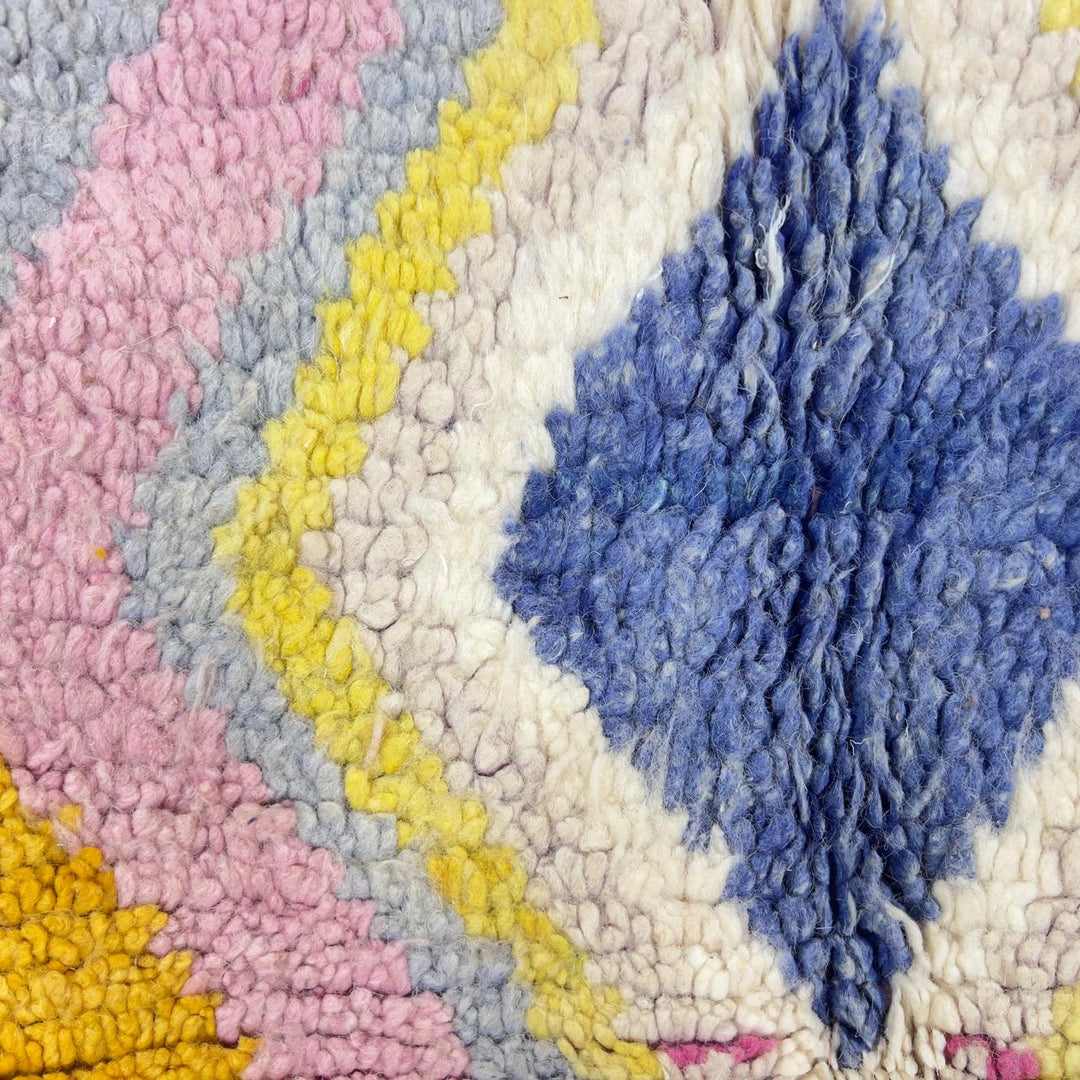 Vintage Moroccan wool rug with diamond geometric pattern in yellow, pink and burgundy tones handmade Berber rug