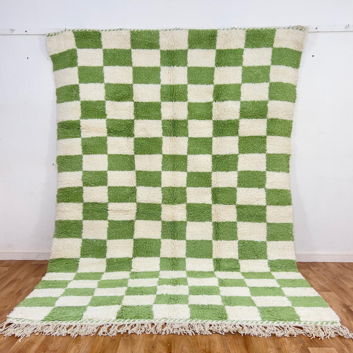 Green white checkered Moroccan rug handmade Berber wool geometric area rug