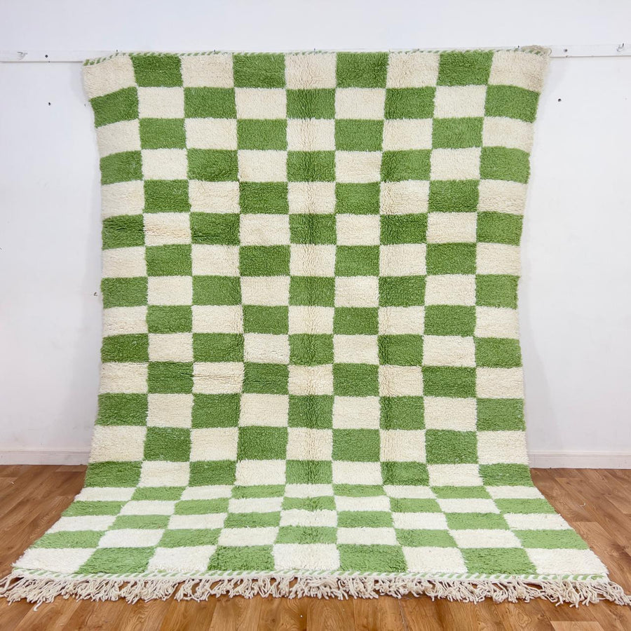 Green white checkered Moroccan rug handmade Berber wool geometric area rug