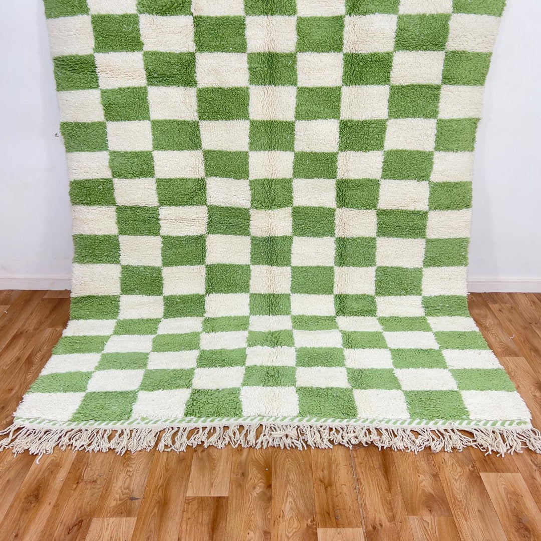 Green white checkered Moroccan rug handmade Berber wool geometric area rug