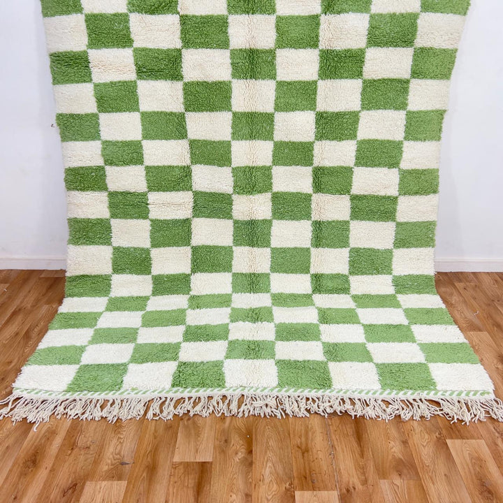Green white checkered Moroccan rug handmade Berber wool geometric area rug