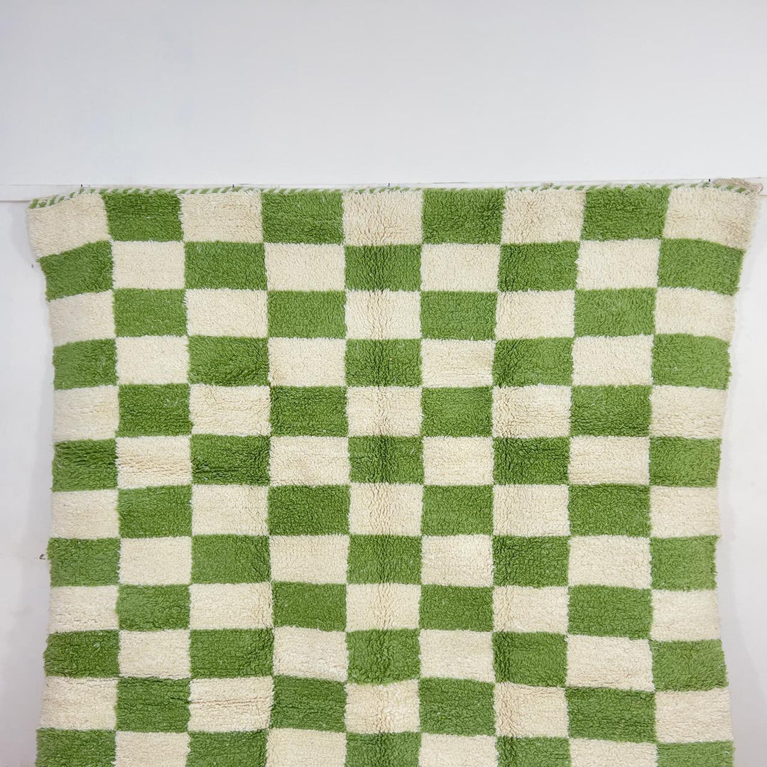 Green white checkered Moroccan rug handmade Berber wool geometric area rug