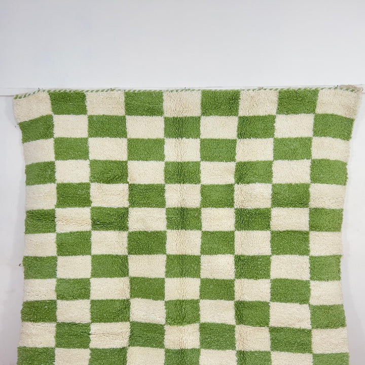 Green white checkered Moroccan rug handmade Berber wool geometric area rug
