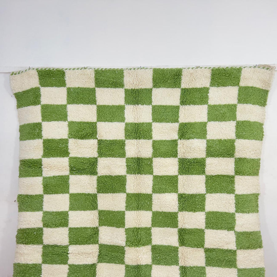 Green white checkered Moroccan rug handmade Berber wool geometric area rug