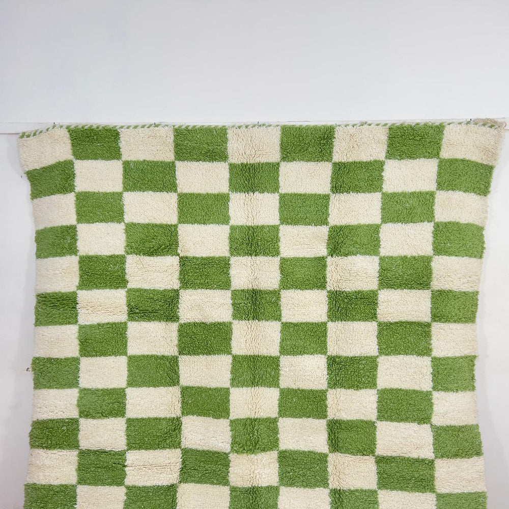 Green white checkered Moroccan rug handmade Berber wool geometric area rug