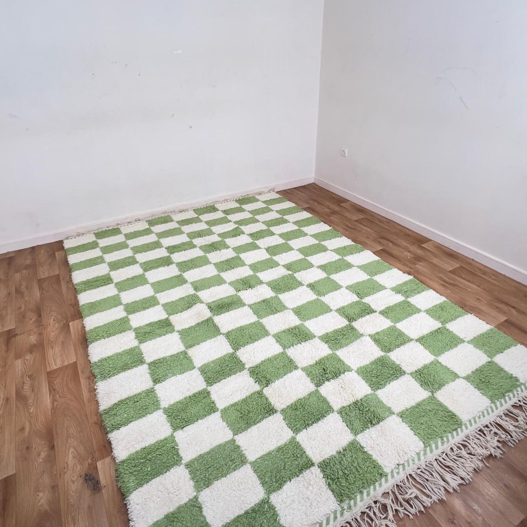 Green white checkered Moroccan rug handmade Berber wool geometric area rug