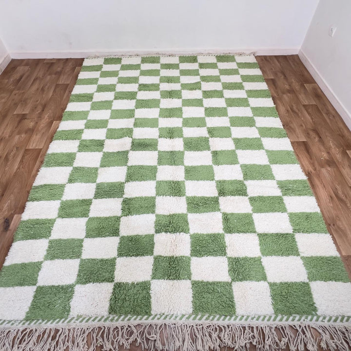Green white checkered Moroccan rug handmade Berber wool geometric area rug