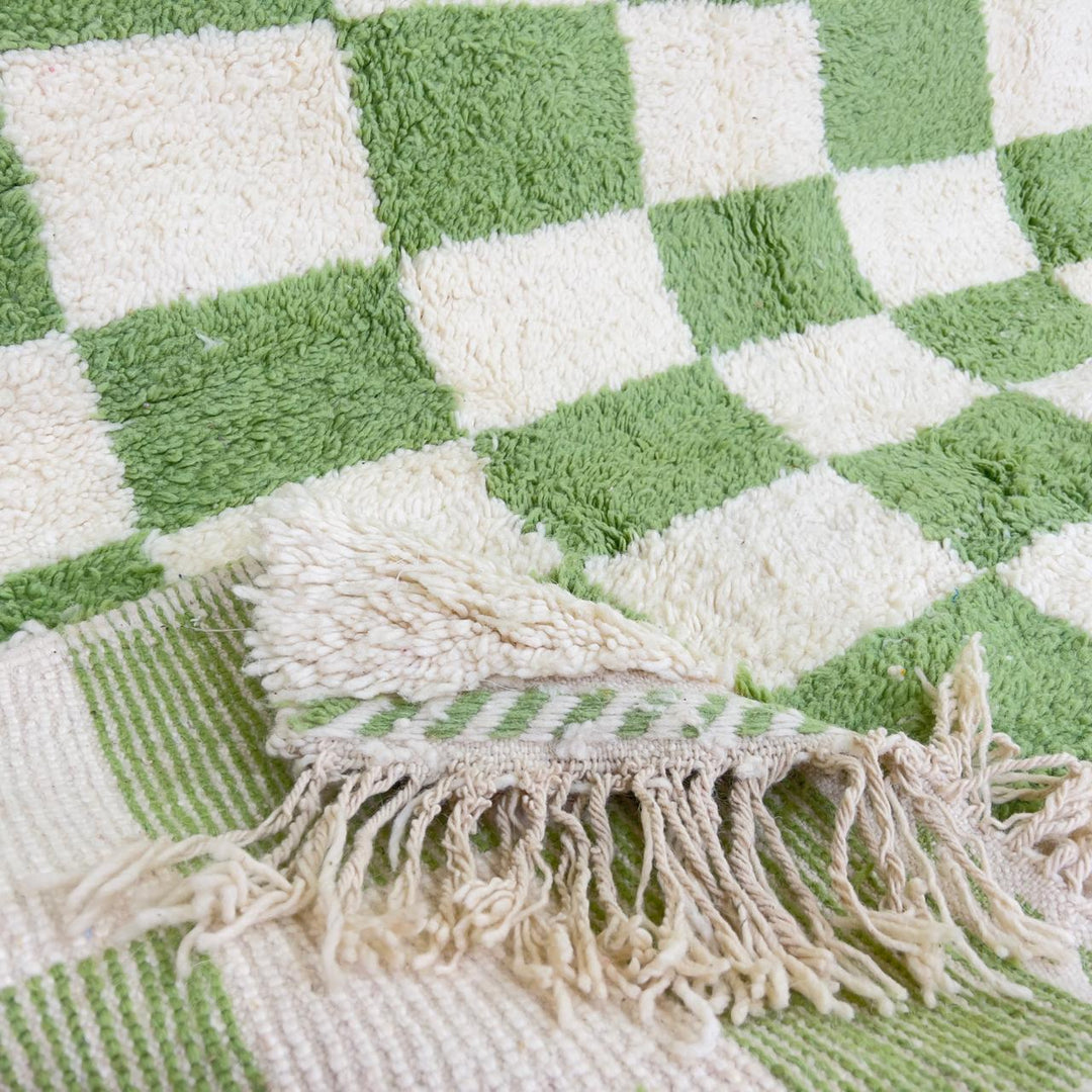 Green white checkered Moroccan rug handmade Berber wool geometric area rug