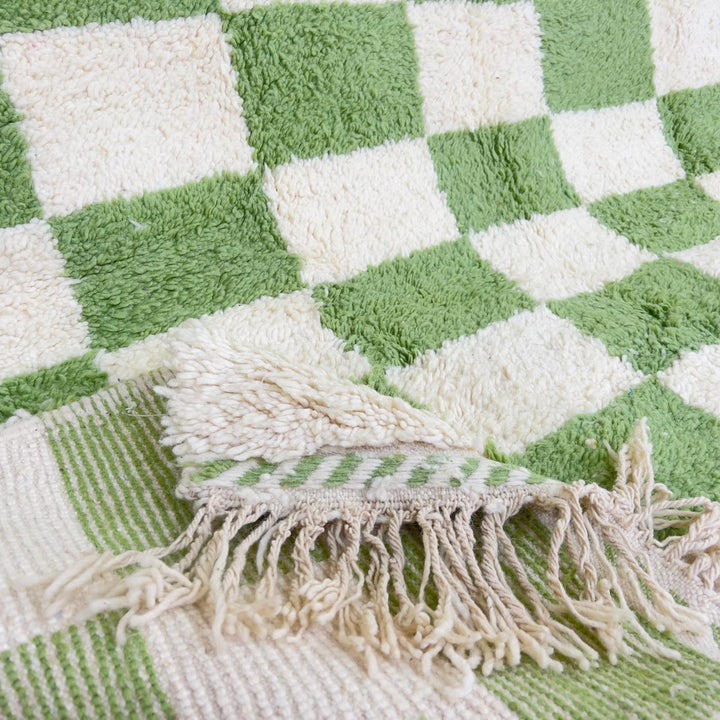 Green white checkered Moroccan rug handmade Berber wool geometric area rug
