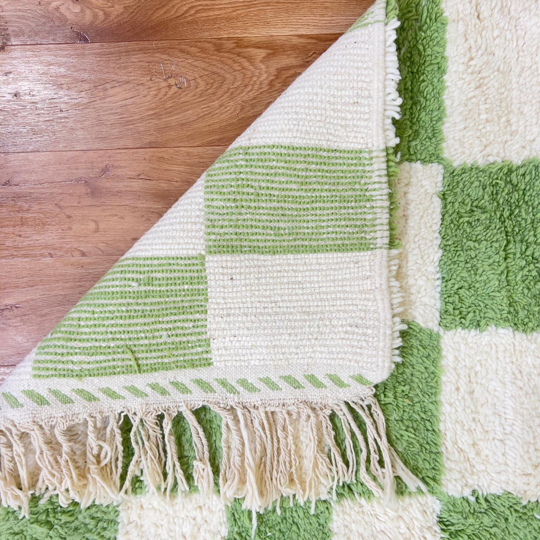 Green white checkered Moroccan rug handmade Berber wool geometric area rug