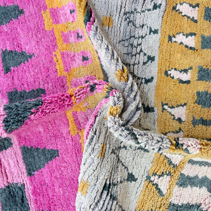 Vintage Moroccan wool rug with pink and mustard tribal horizontal patterns handmade Berber rug