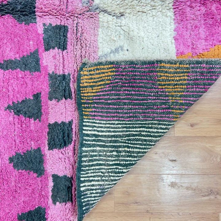 Vintage Moroccan wool rug with pink and mustard tribal horizontal patterns handmade Berber rug