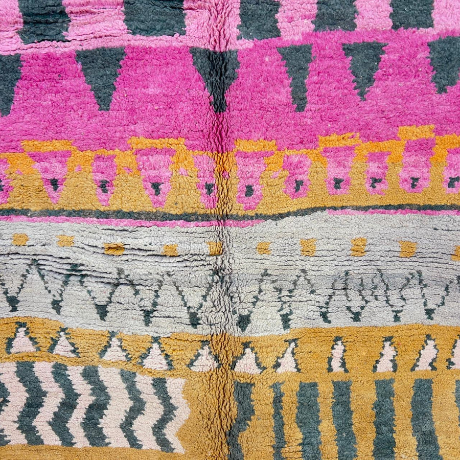 Vintage Moroccan wool rug with pink and mustard tribal horizontal patterns handmade Berber rug