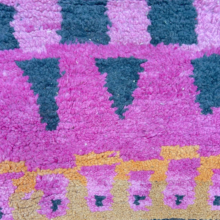 Vintage Moroccan wool rug with pink and mustard tribal horizontal patterns handmade Berber rug