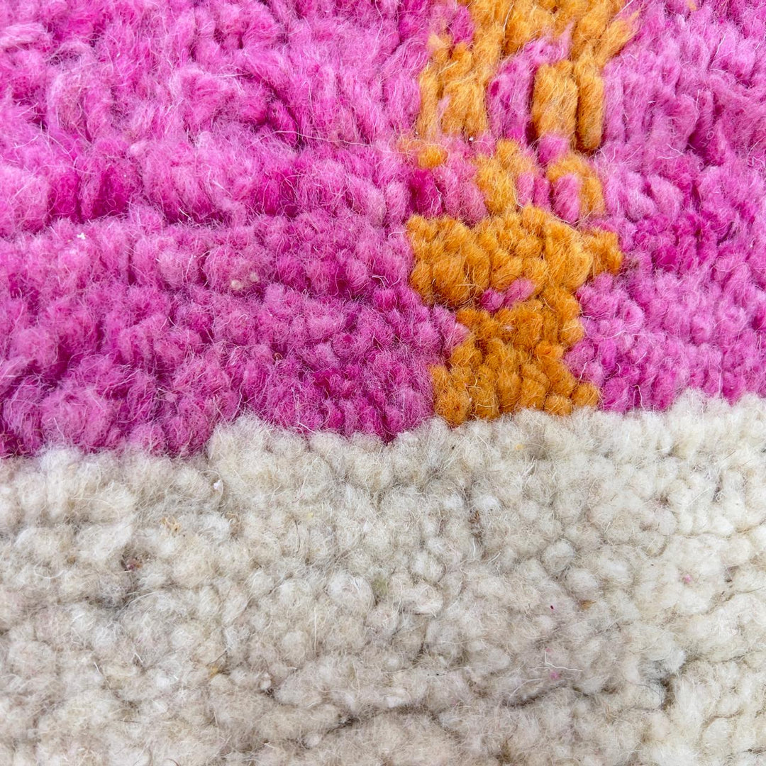 Vintage Moroccan wool rug with pink and mustard tribal horizontal patterns handmade Berber rug