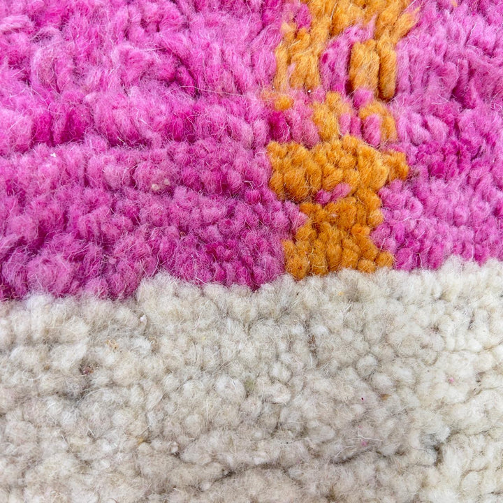 Vintage Moroccan wool rug with pink and mustard tribal horizontal patterns handmade Berber rug