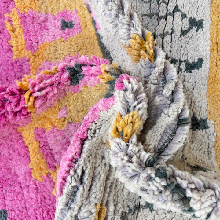 Vintage Moroccan wool rug with pink and mustard tribal horizontal patterns handmade Berber rug