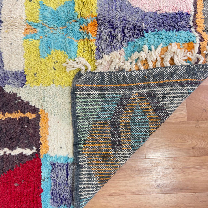 Vintage Moroccan wool rug with colorful geometric abstract pattern handmade Berber rug