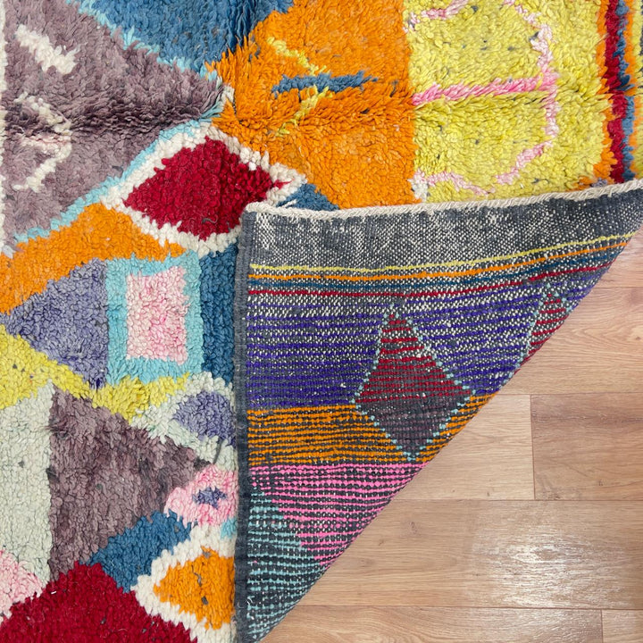 Vintage Moroccan wool rug with colorful geometric abstract pattern handmade Berber rug