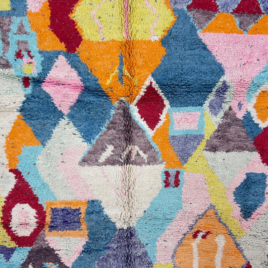 Vintage Moroccan wool rug with colorful geometric abstract pattern handmade Berber rug
