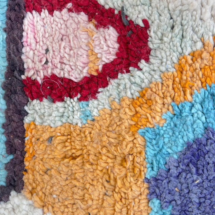Vintage Moroccan wool rug with colorful geometric abstract pattern handmade Berber rug