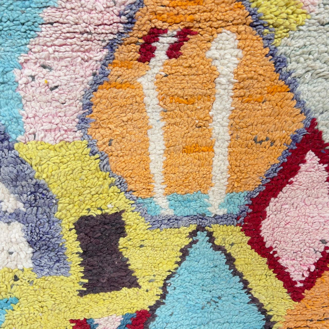 Vintage Moroccan wool rug with colorful geometric abstract pattern handmade Berber rug