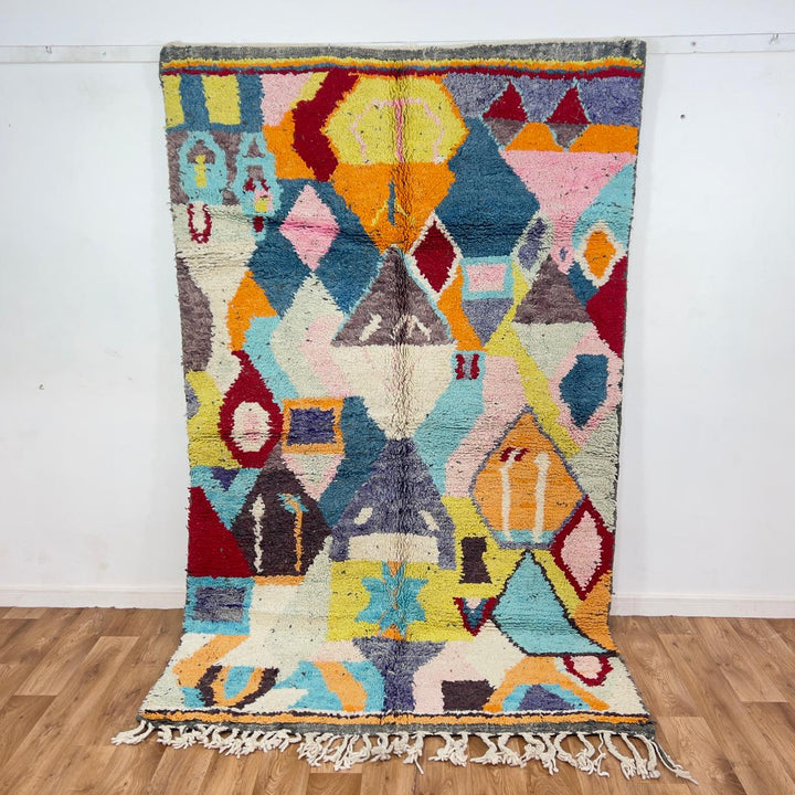 Vintage Moroccan wool rug with colorful geometric abstract pattern handmade Berber rug