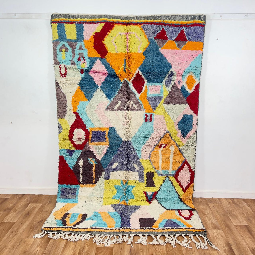 Vintage Moroccan wool rug with colorful geometric abstract pattern handmade Berber rug