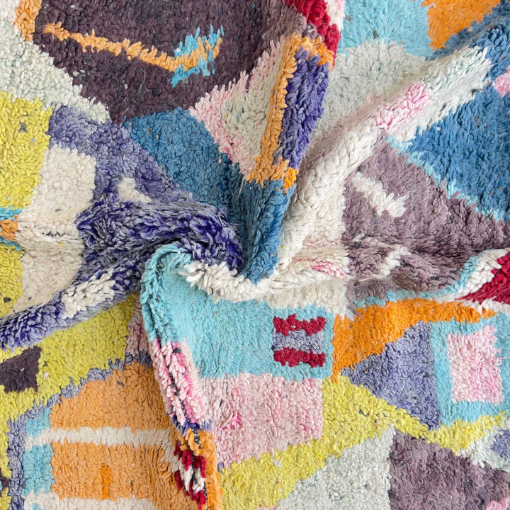 Vintage Moroccan wool rug with colorful geometric abstract pattern handmade Berber rug