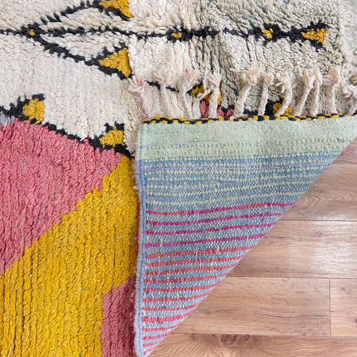 Vintage Moroccan wool rug pink and yellow with tribal geometric pattern handmade Berber rug